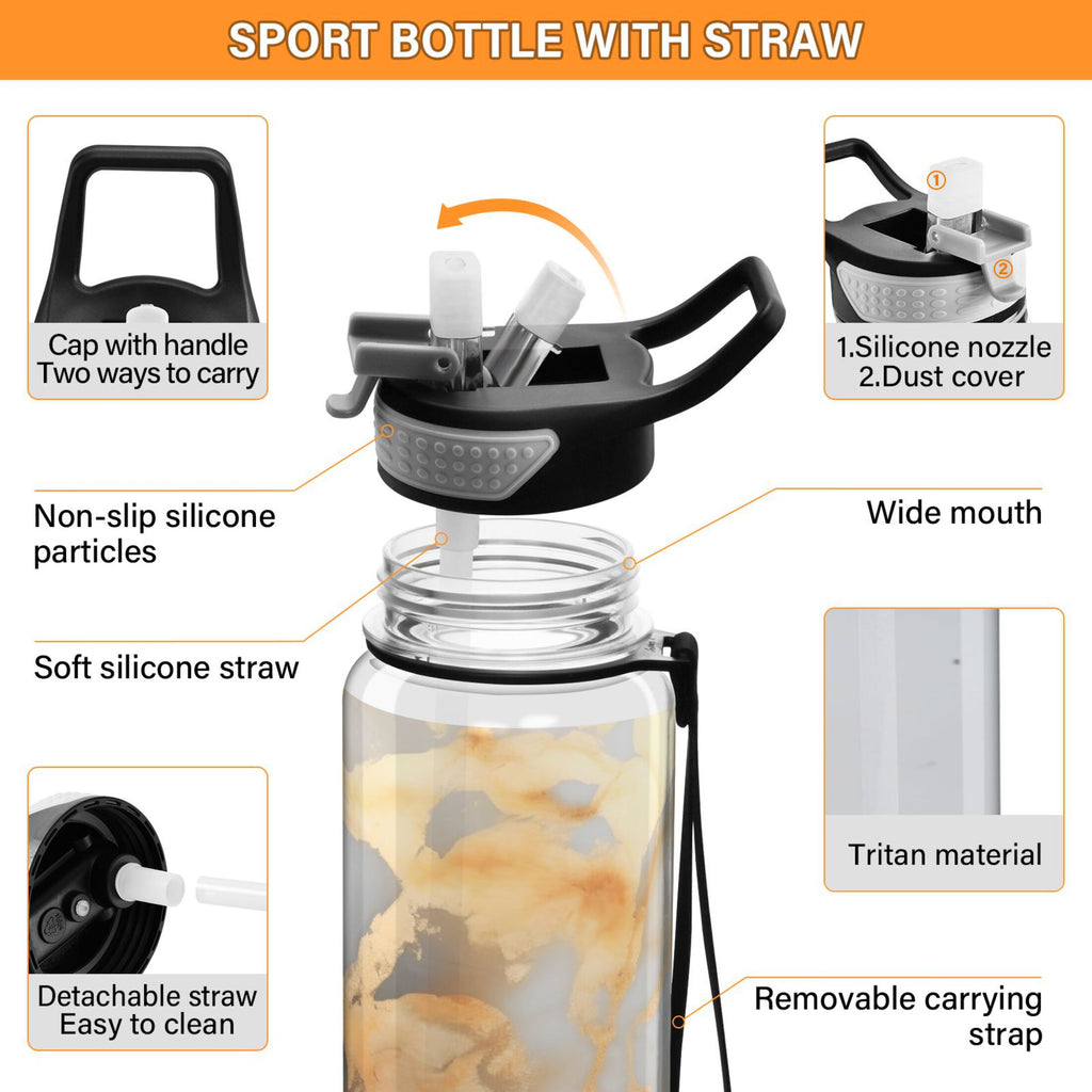 White and Gold Marble 32oz Tritan Water Bottles with Straw T93017