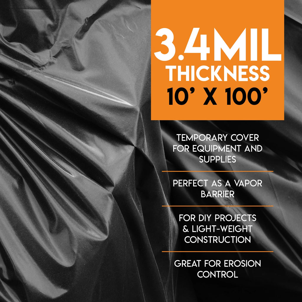 Black Poly Sheeting 10 x 100 Feet Heavy Duty 3.4 Mil Thick Plastic Tarp Waterproof Cover R83232