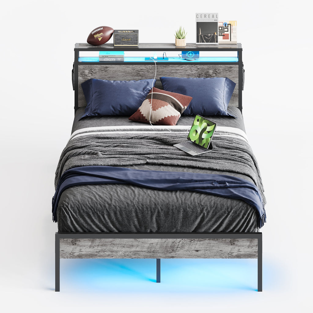 Queen Size Grey Platform Bed with Storage Headboard G95528