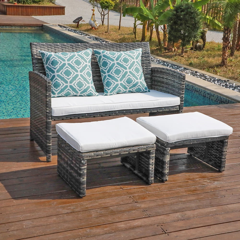 Grey Wicker Rattan Outdoor Loveseat with White Cushions P4654