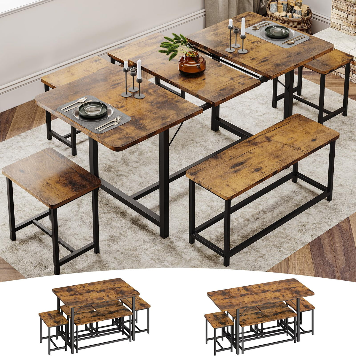 63" Extendable Dining Table Set with Stools Q56193