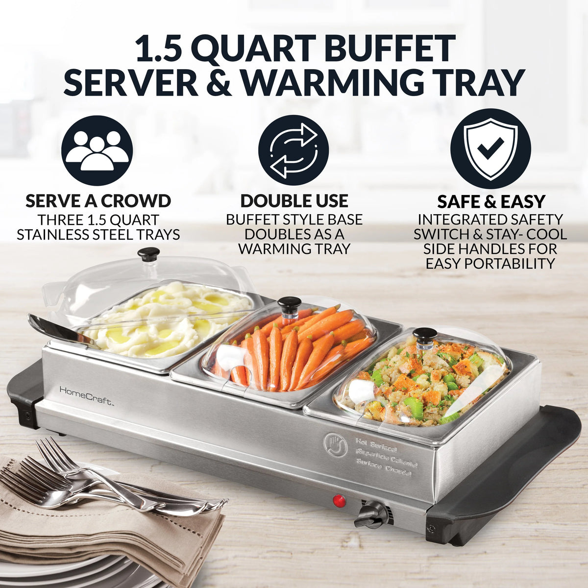 3-Station 1.5-Quart Stainless Steel Buffet Server & Warming Tray V6865