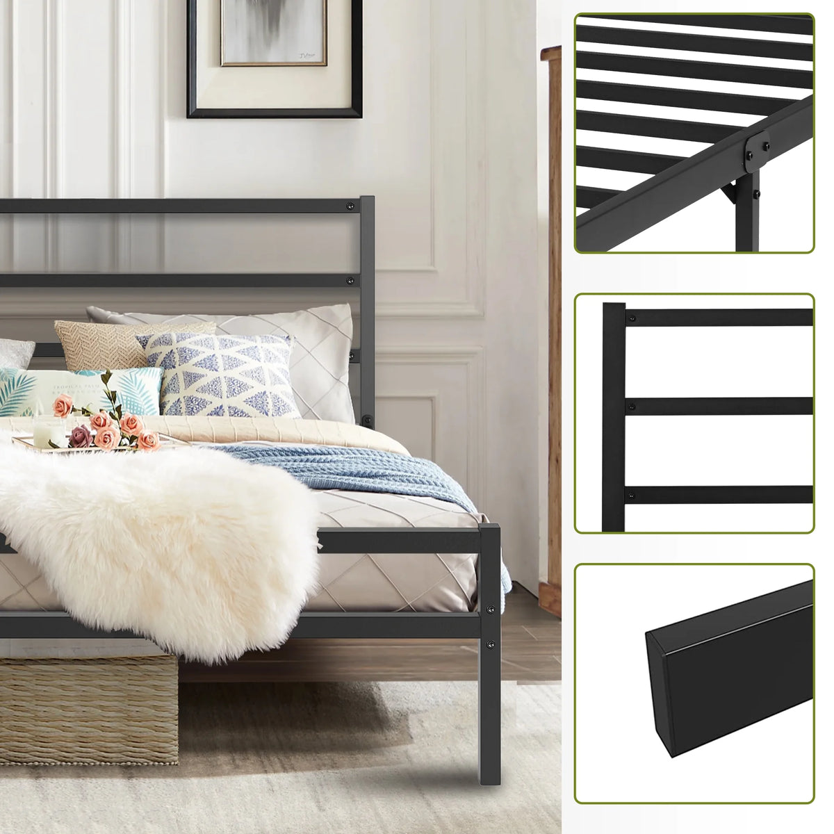 Black Twin Size Platform Bed Frame with Wood Headboard T37236