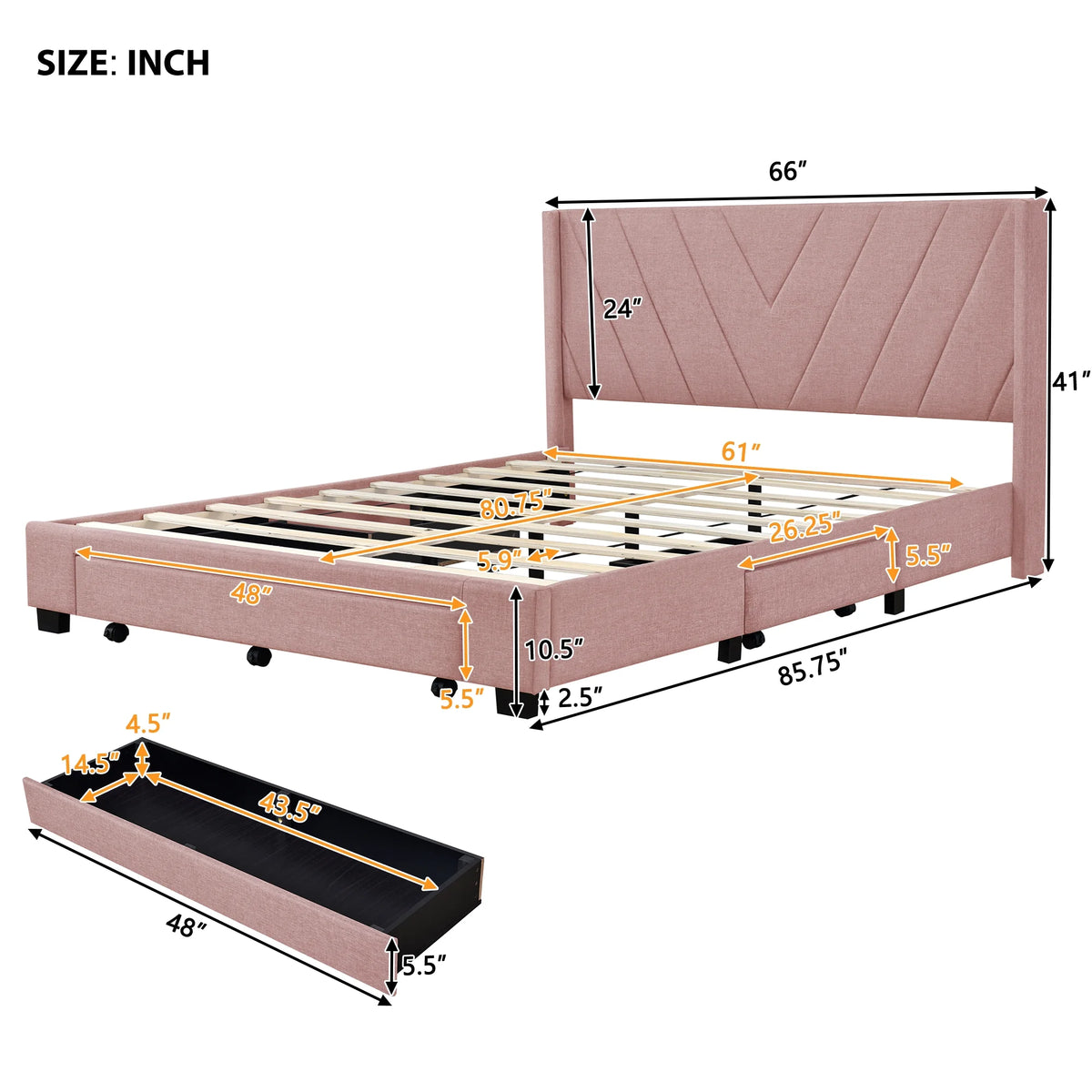 Queen Size Pink Linen Upholstered Platform Bed with 3 Storage Drawers K842