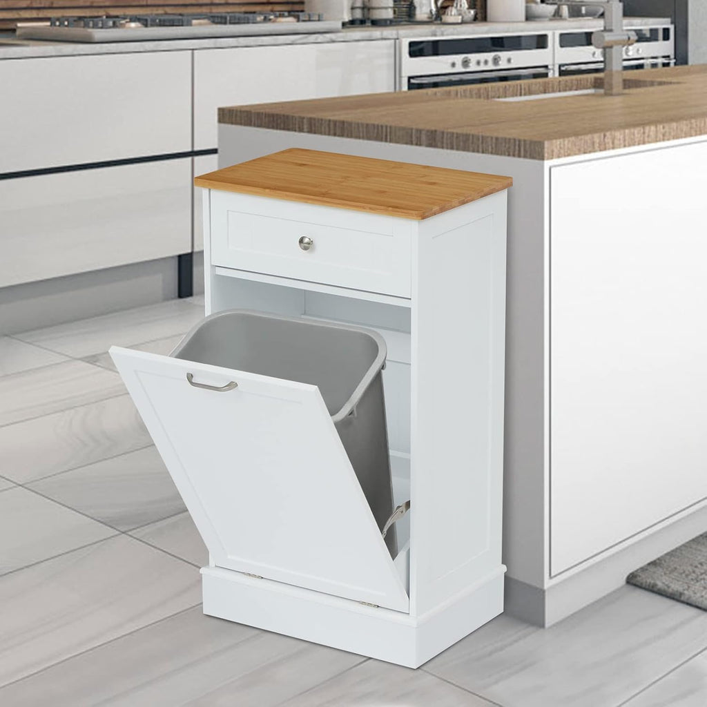 White Wooden Tilt Out Trash Cabinet with Hideaway Drawer and Removable Bamboo Cutting Board F5623