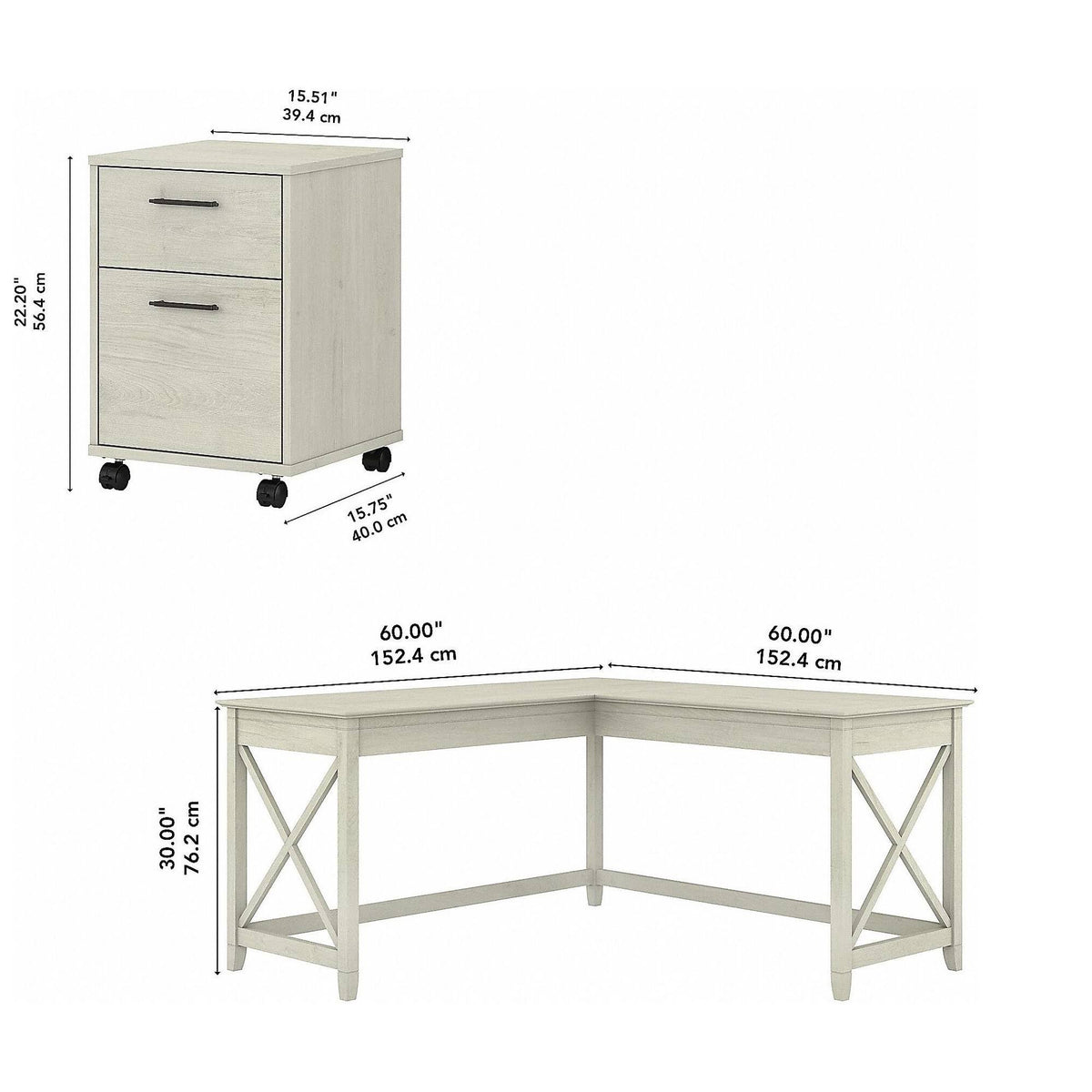 Linen White Oak L-Shaped Desk with 2-Drawer Mobile File Cabinet K762