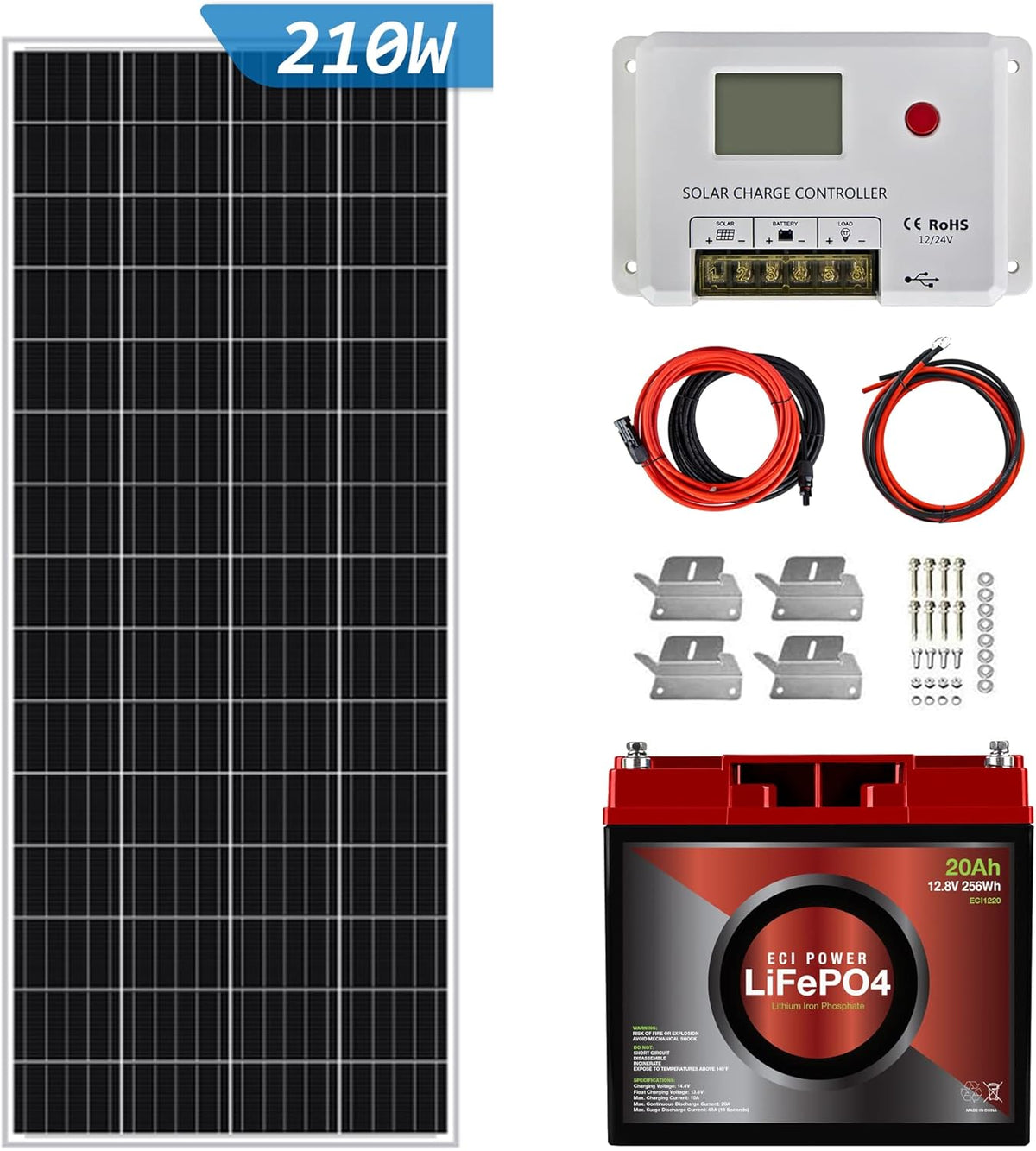 200W 12V Mono Rigid Solar Panel Kit with 20A PWM Charge Controller X256