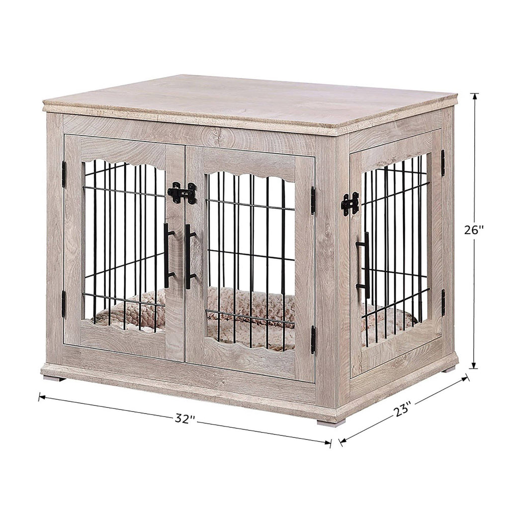 Wooden End Table with Wire Dog Kennel in Weathered Gray, Medium I192