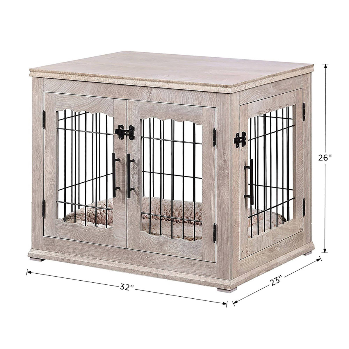 Wooden End Table with Wire Dog Kennel in Weathered Gray, Medium I192