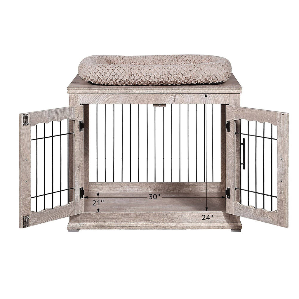Wooden End Table with Wire Dog Kennel in Weathered Gray, Medium I192