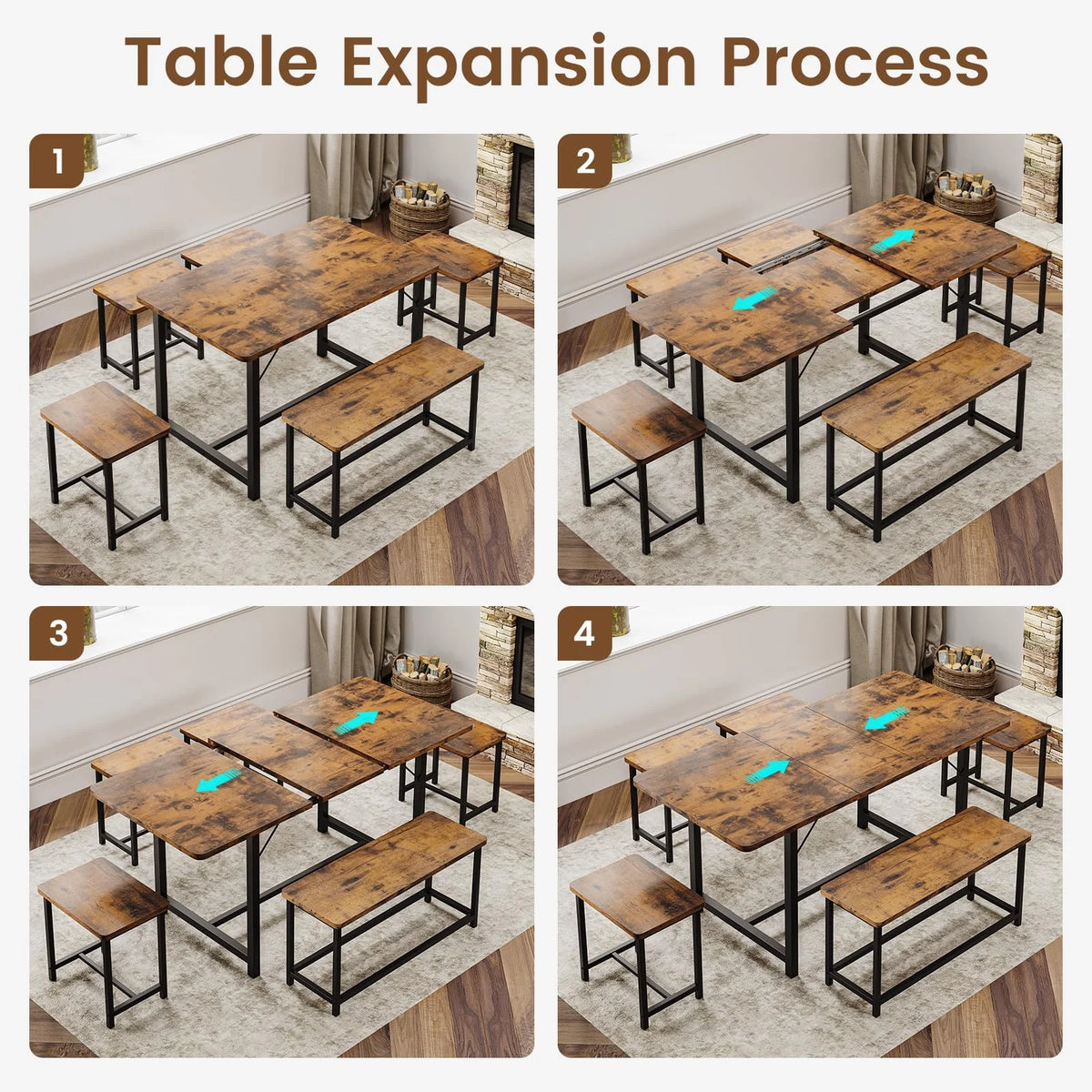 63" Extendable Dining Table Set with Stools Q56193