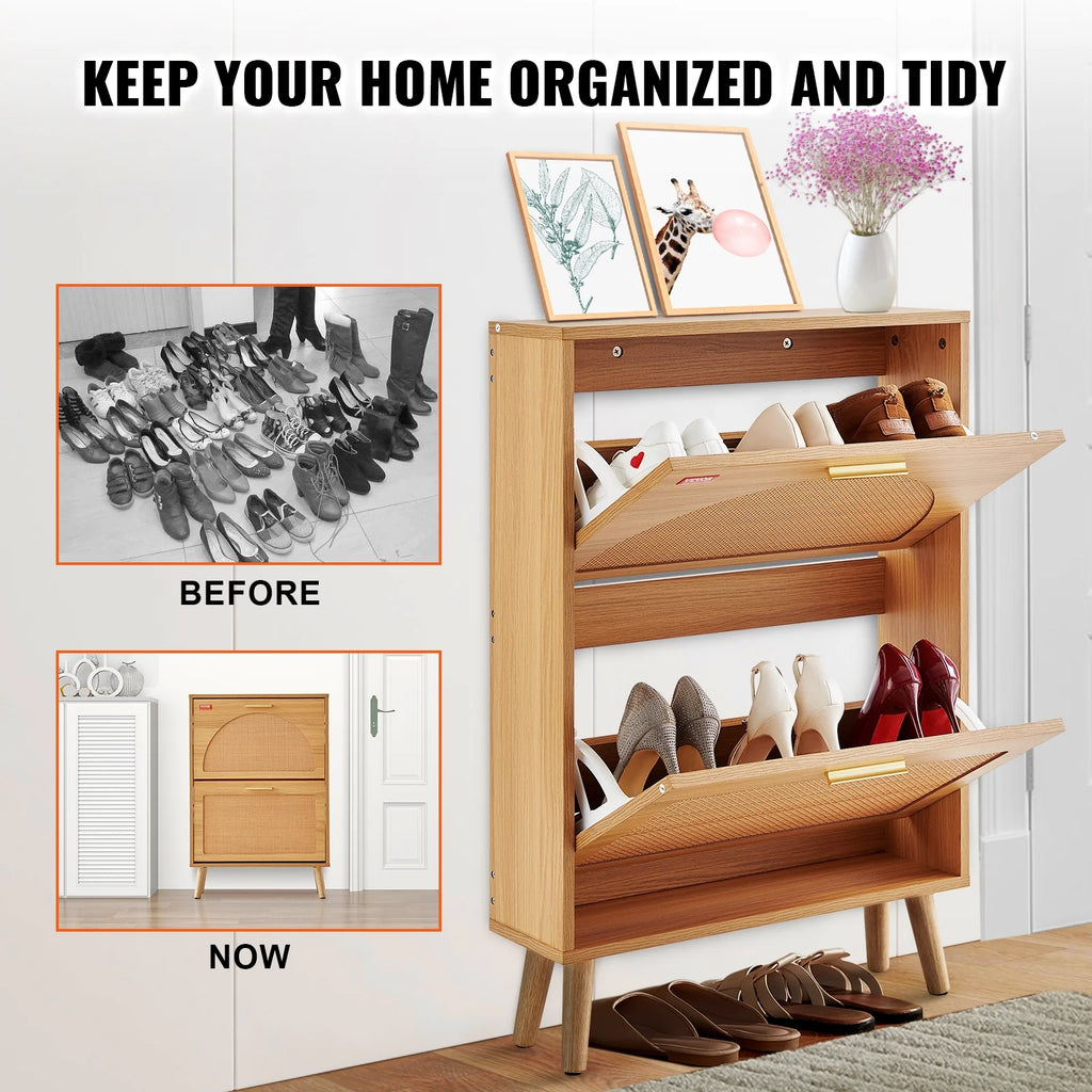 Shoe Cabinet with 2 Flip Drawers Rattan Shoe Storage Cabinet J59229