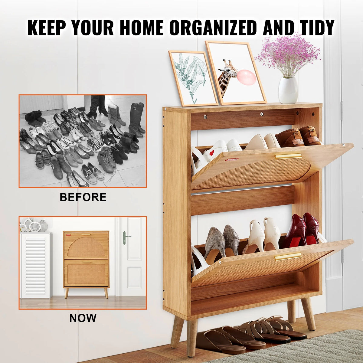 Shoe Cabinet with 2 Flip Drawers Rattan Shoe Storage Cabinet J59229
