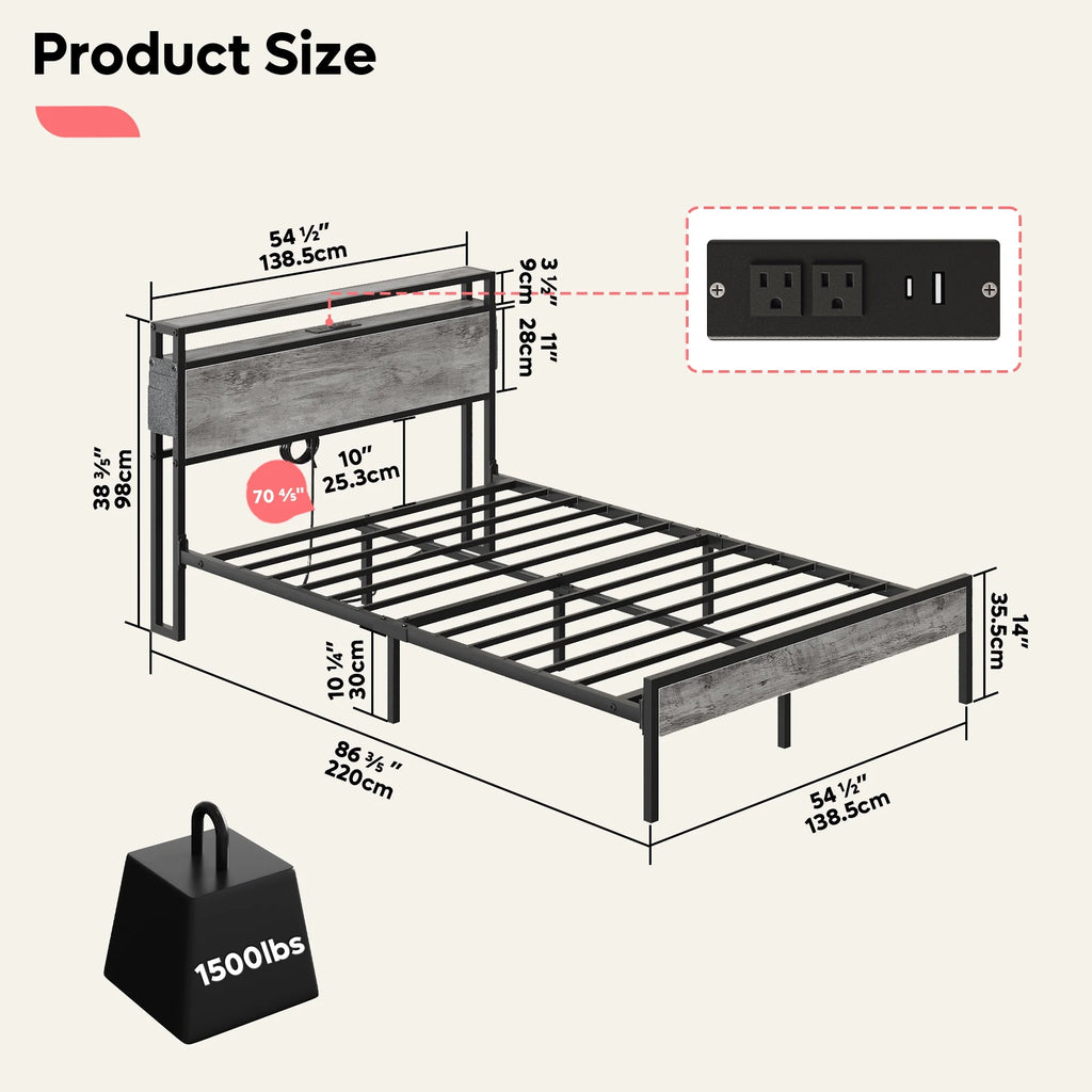 Queen Size Grey Platform Bed with Storage Headboard G95528
