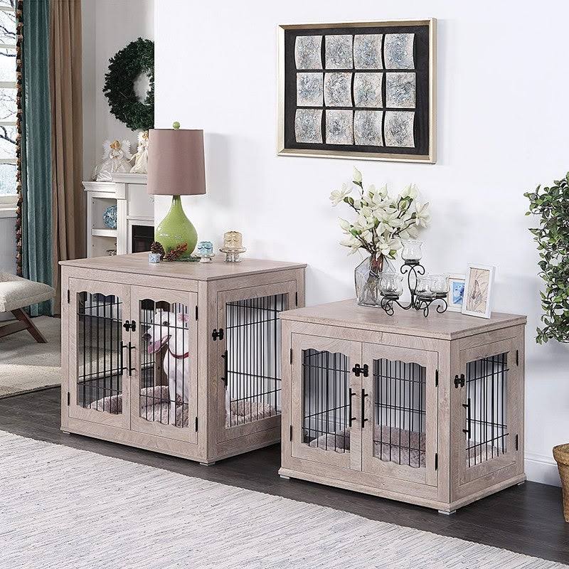 Wooden End Table with Wire Dog Kennel in Weathered Gray, Medium I192