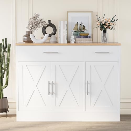 White 3 Door Wood Sideboard Buffet Cabinet with Adjustable Shelf V998196