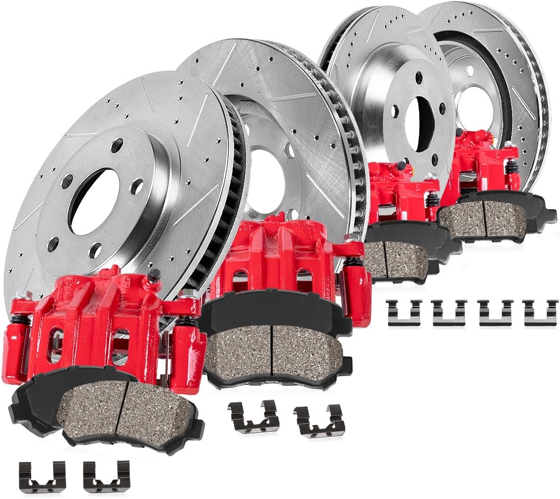 Powder Coated Red Calipers Rotors Ceramic Pads Performance Kit S986889