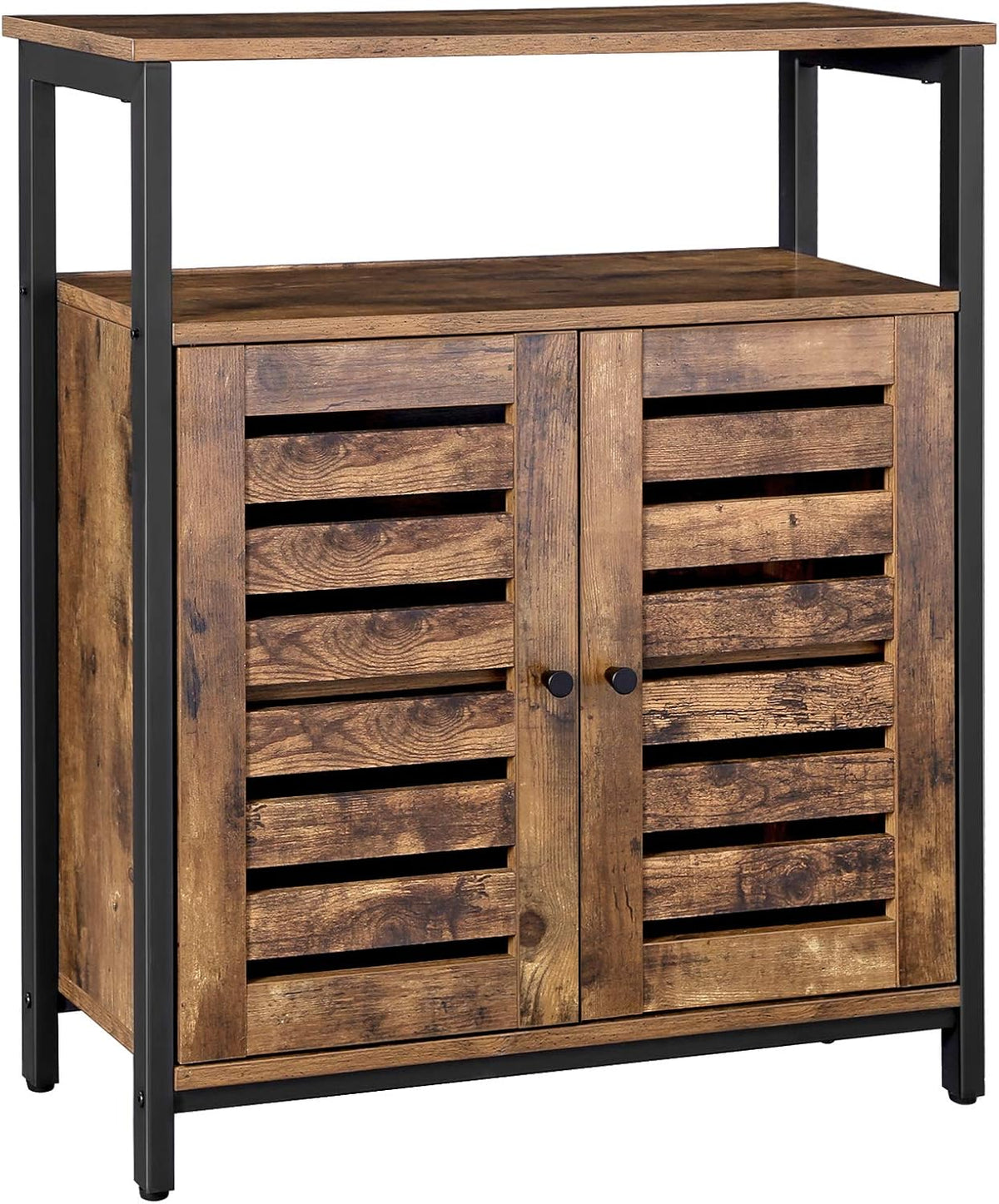 Rustic Brown and Black Storage Cabinet with 3 Open Shelves and Closed Compartments T4685